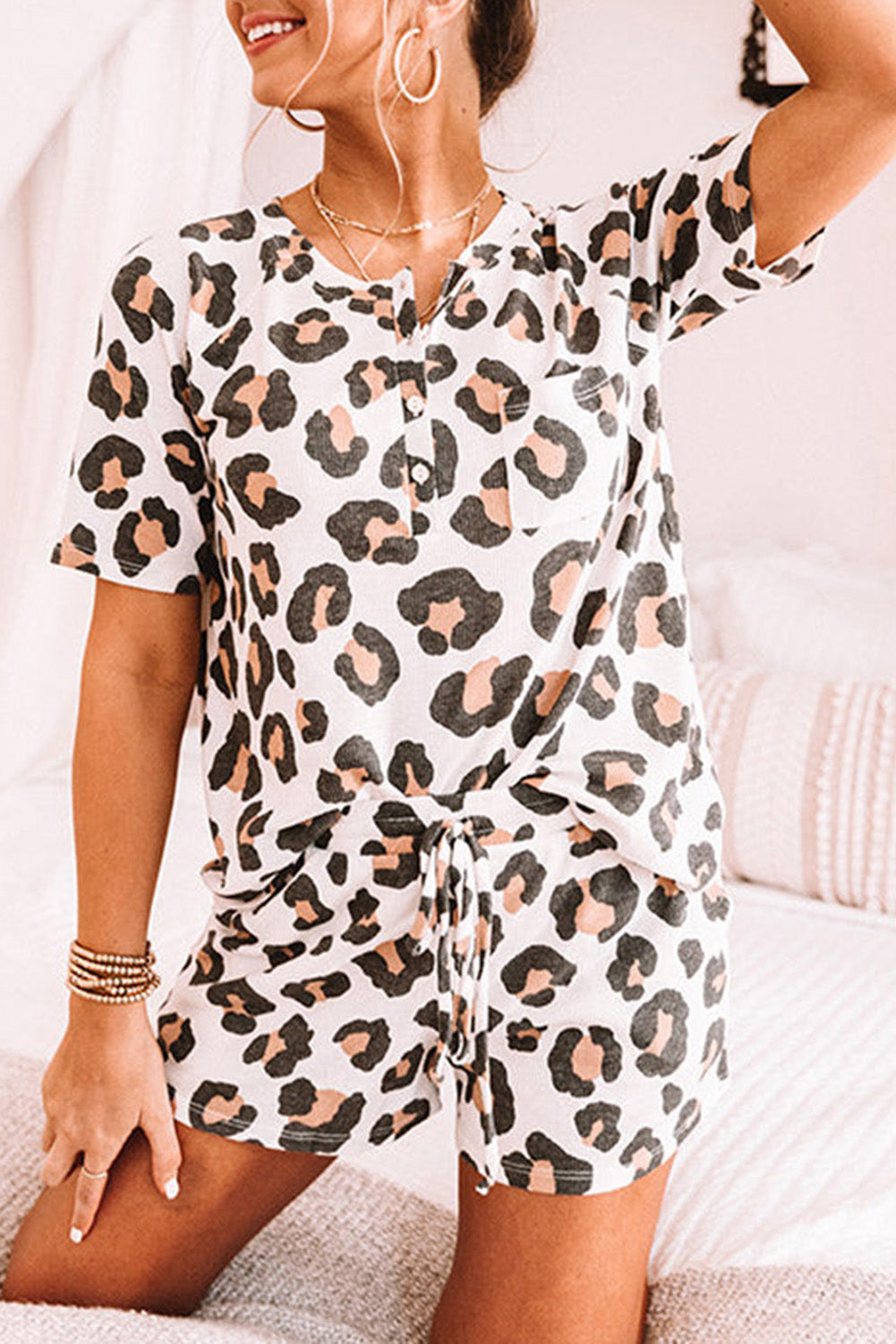 Leopard Print Buttoned Drawstring High Waist Lounge Set