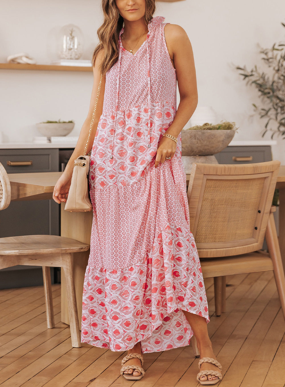 Abstract Print Split Neck Sleeveless Maxi Dress