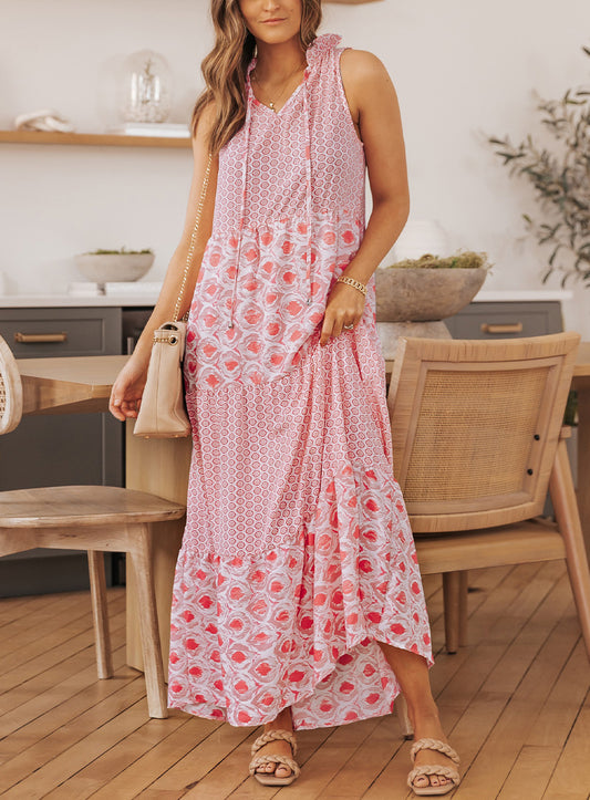 Abstract Print Split Neck Sleeveless Maxi Dress