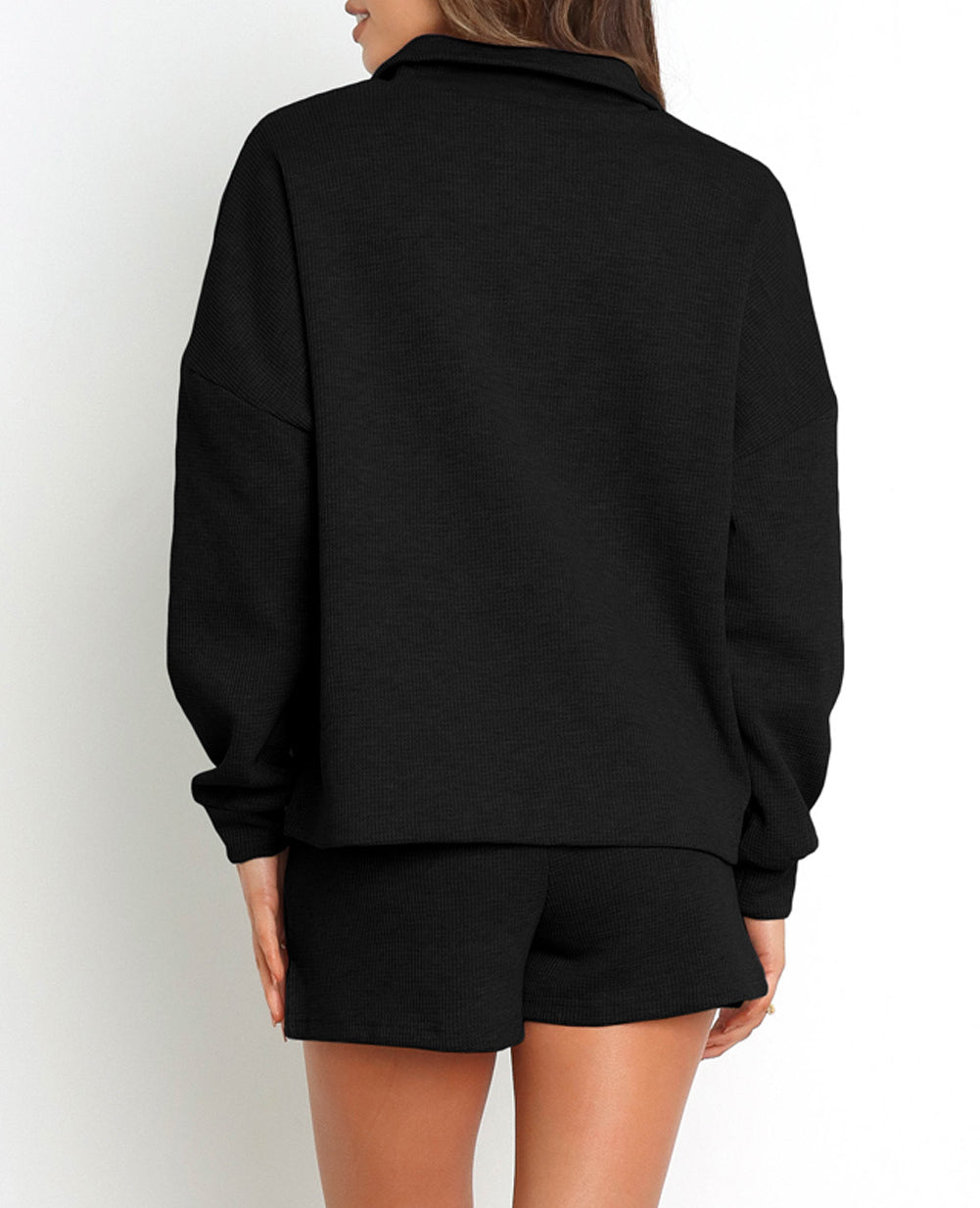 Ribbed Zipper Sweatshirt and High Waist Shorts Set