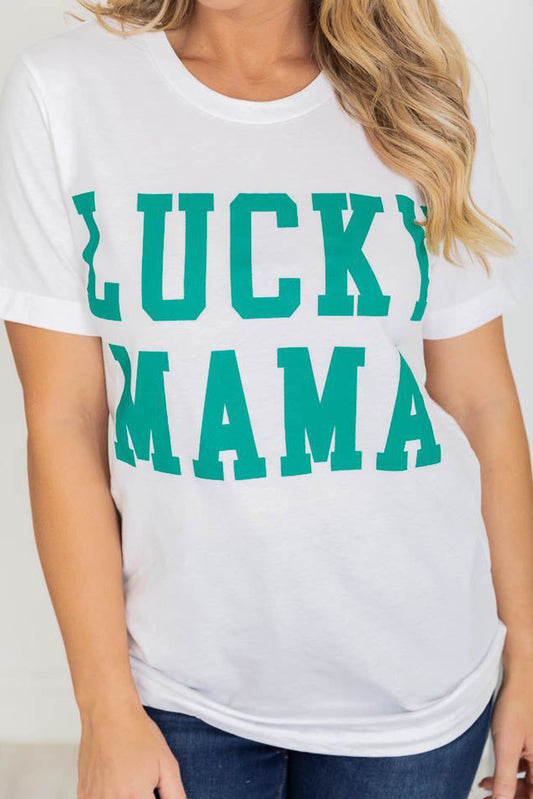 White LUCKY MAMA Letters Print Tee