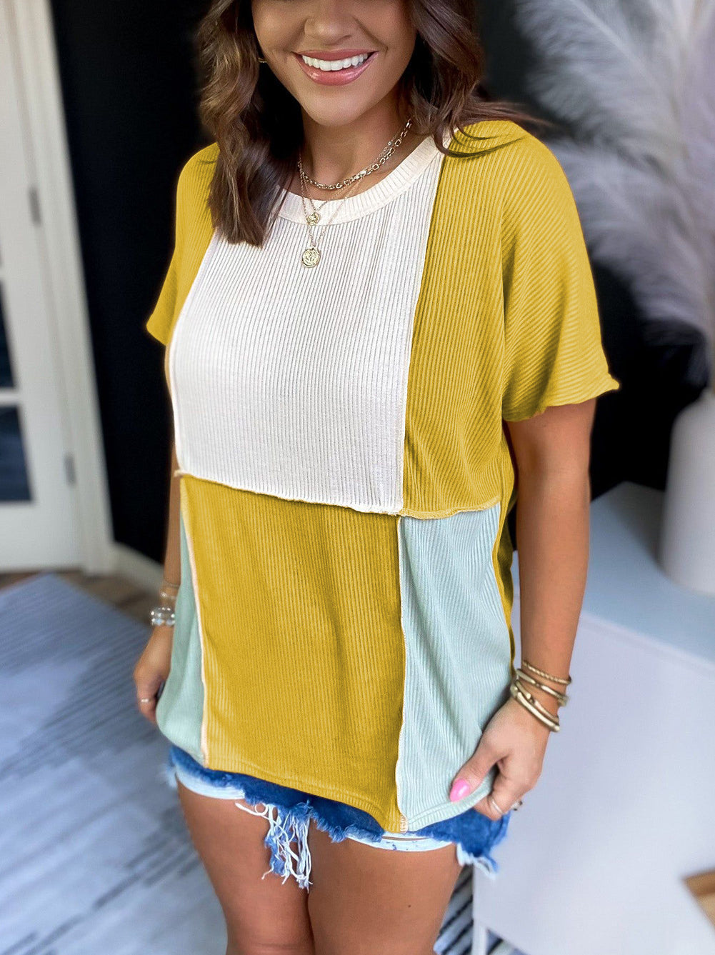 Colorblock Stitching Short Sleeve Rib Knit Top