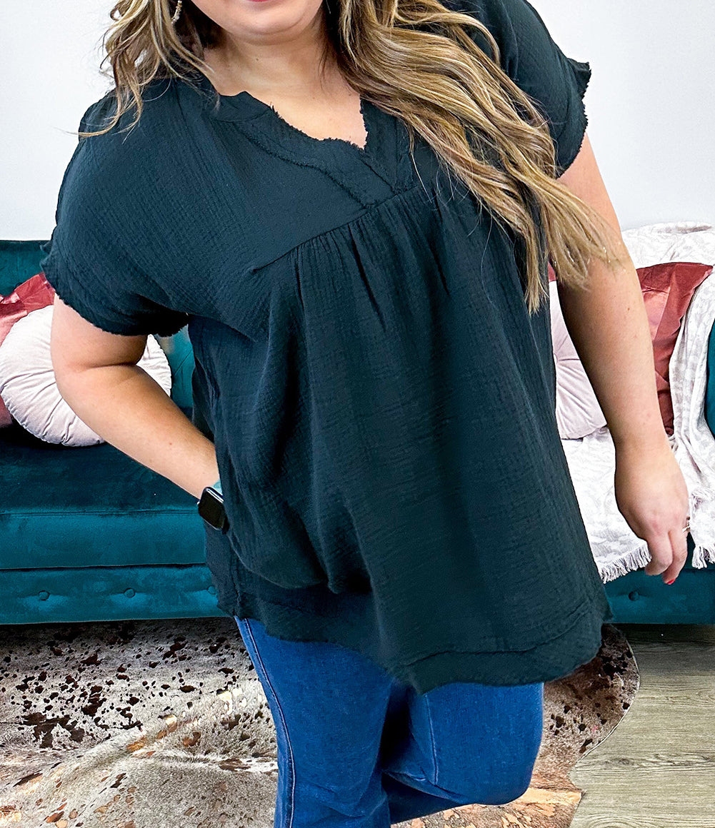 Plus Size Textured Short Sleeve Babydoll Blouse