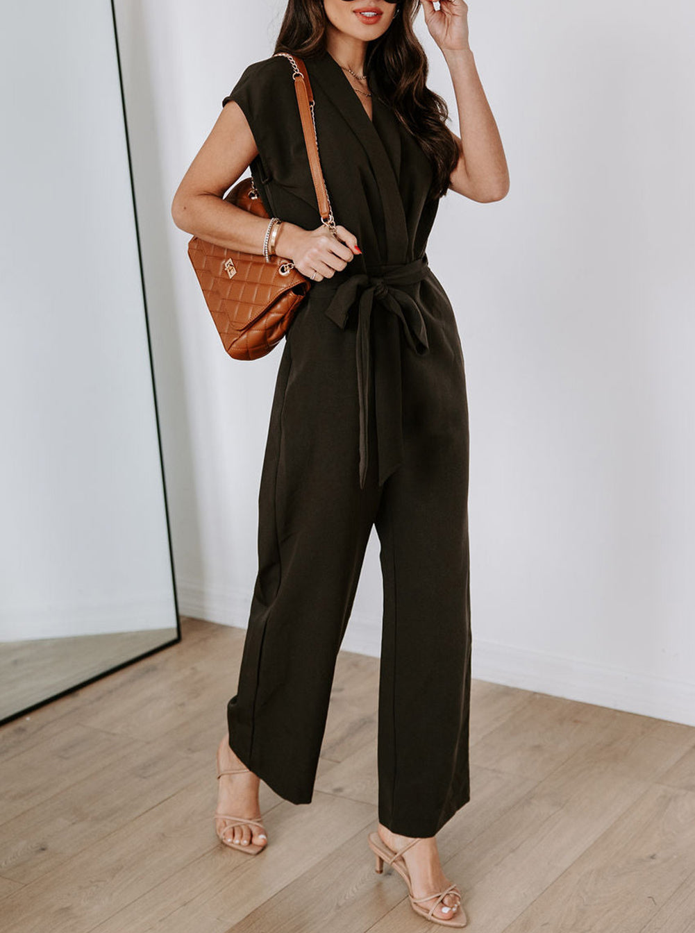 Black V Neck Pocketed Tie Waist Wide Leg Jumpsuit
