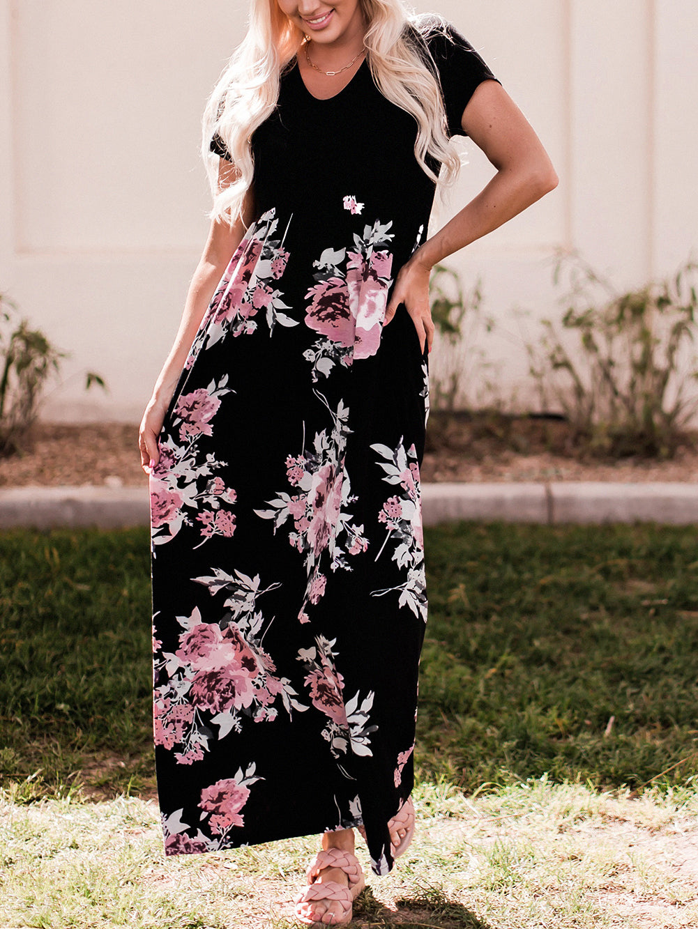 Black Contrast Floral Empire Waist Maxi Dress