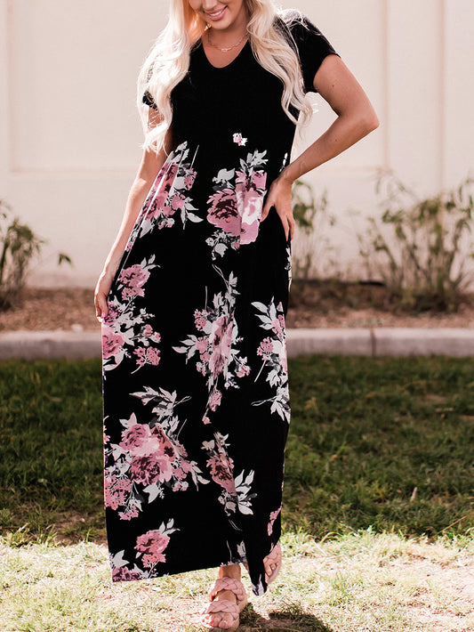 Black Contrast Floral Empire Waist Maxi Dress