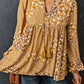 Yellow Boho Floral Patchwork Tassel Tie Babydoll Blouse
