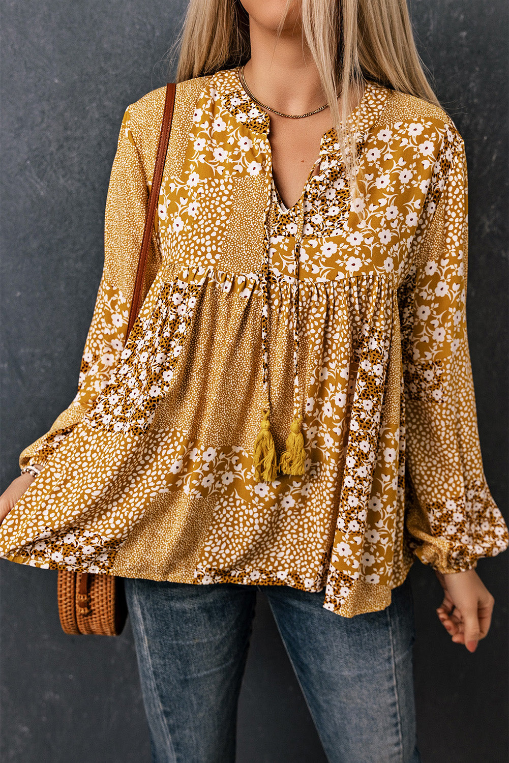 Yellow Boho Floral Patchwork Tassel Tie Babydoll Blouse