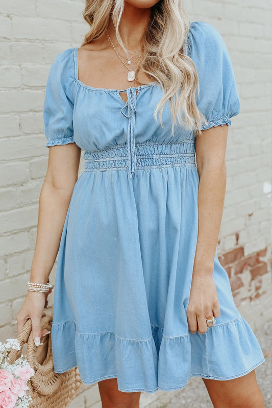 Sky Blue Square Neck Front Tie Ruffled Hem Chambray Dress