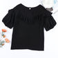Black Floral Embroidered Flounce Puff Sleeve Blouse