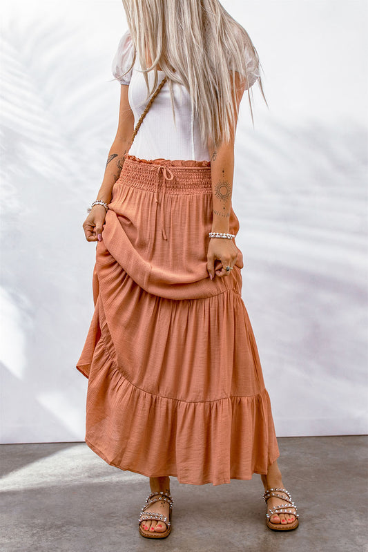 Tie Smocking High Waist Tiered Maxi Skirt