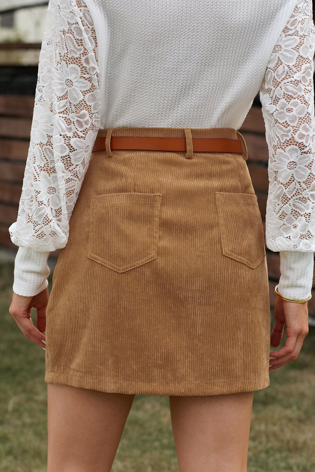 Khaki High Waist Corduroy Mini Skirt with Pockets