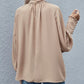 Khaki Frilled Knotted Mock Neck Bishop Sleeve Blouse
