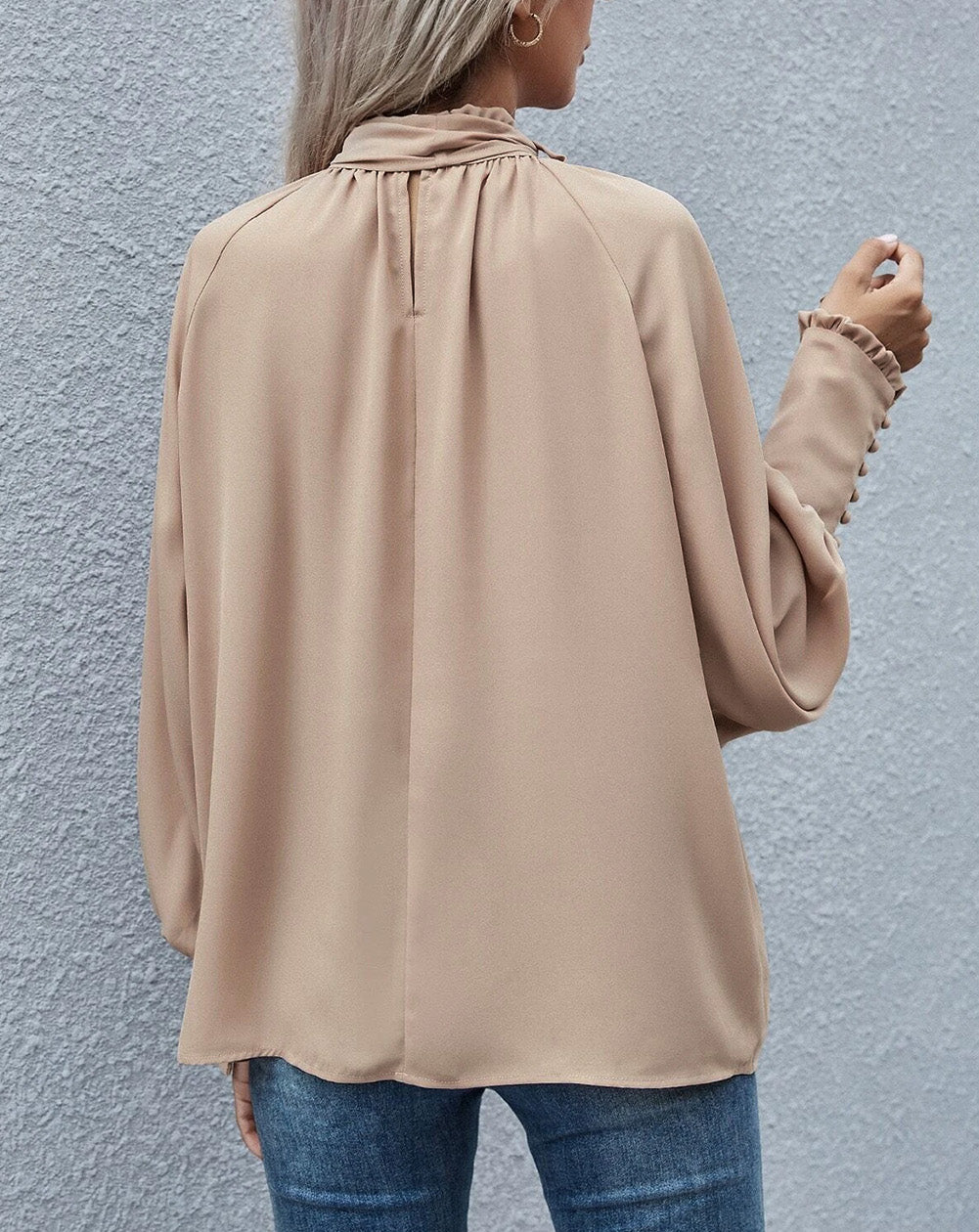 Khaki Frilled Knotted Mock Neck Bishop Sleeve Blouse