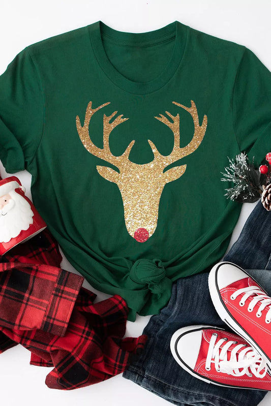 Green Gold Reindeer Foil Print Christmas T Shirt