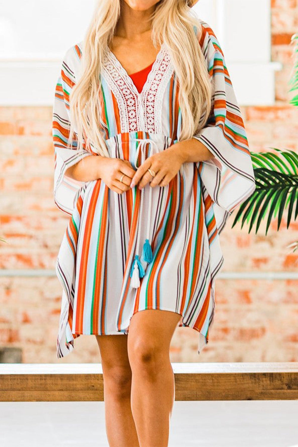 V Neck Wide Sleeves Cinched Swimsuit Cover up