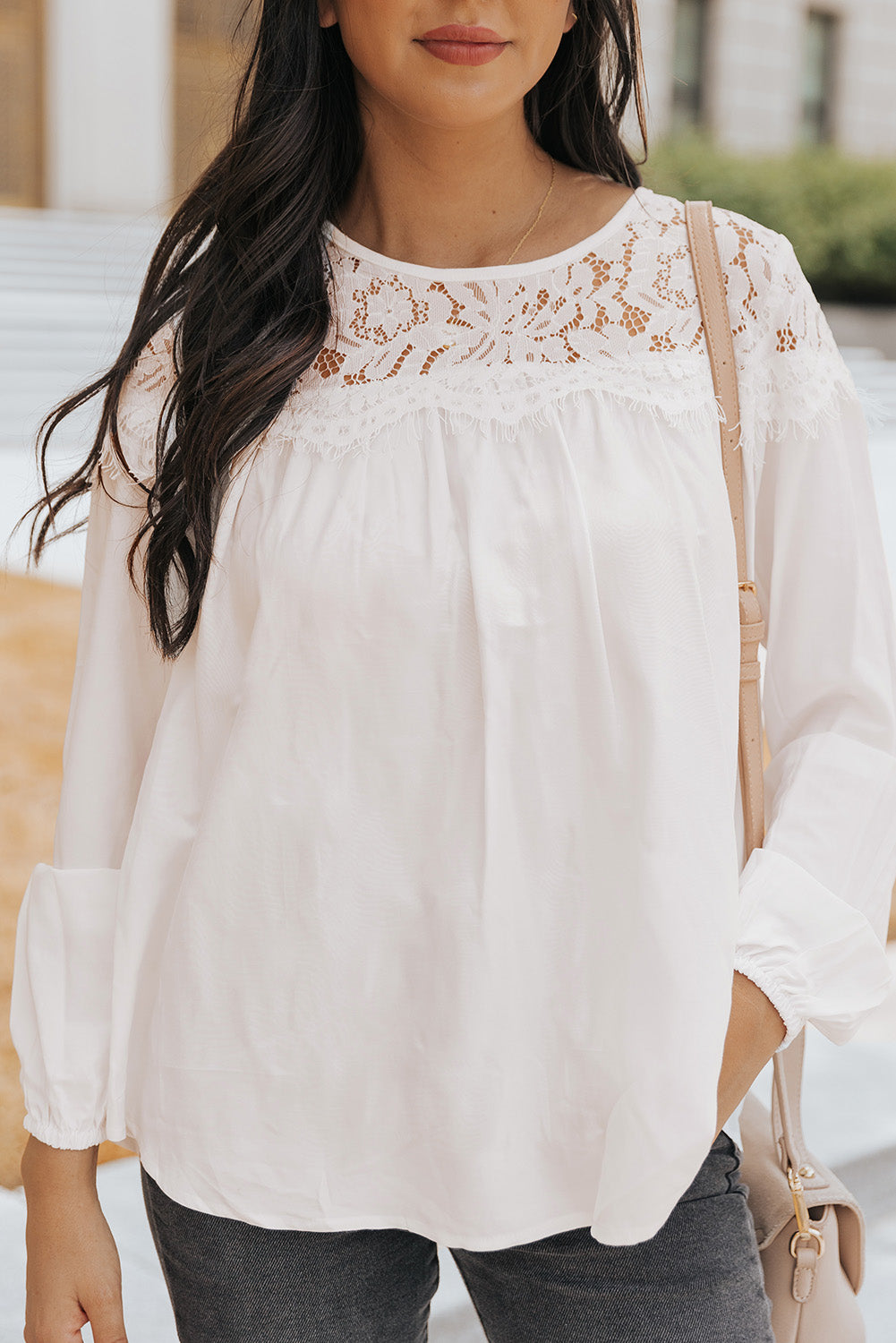 White Lace Detail Long Sleeve Top