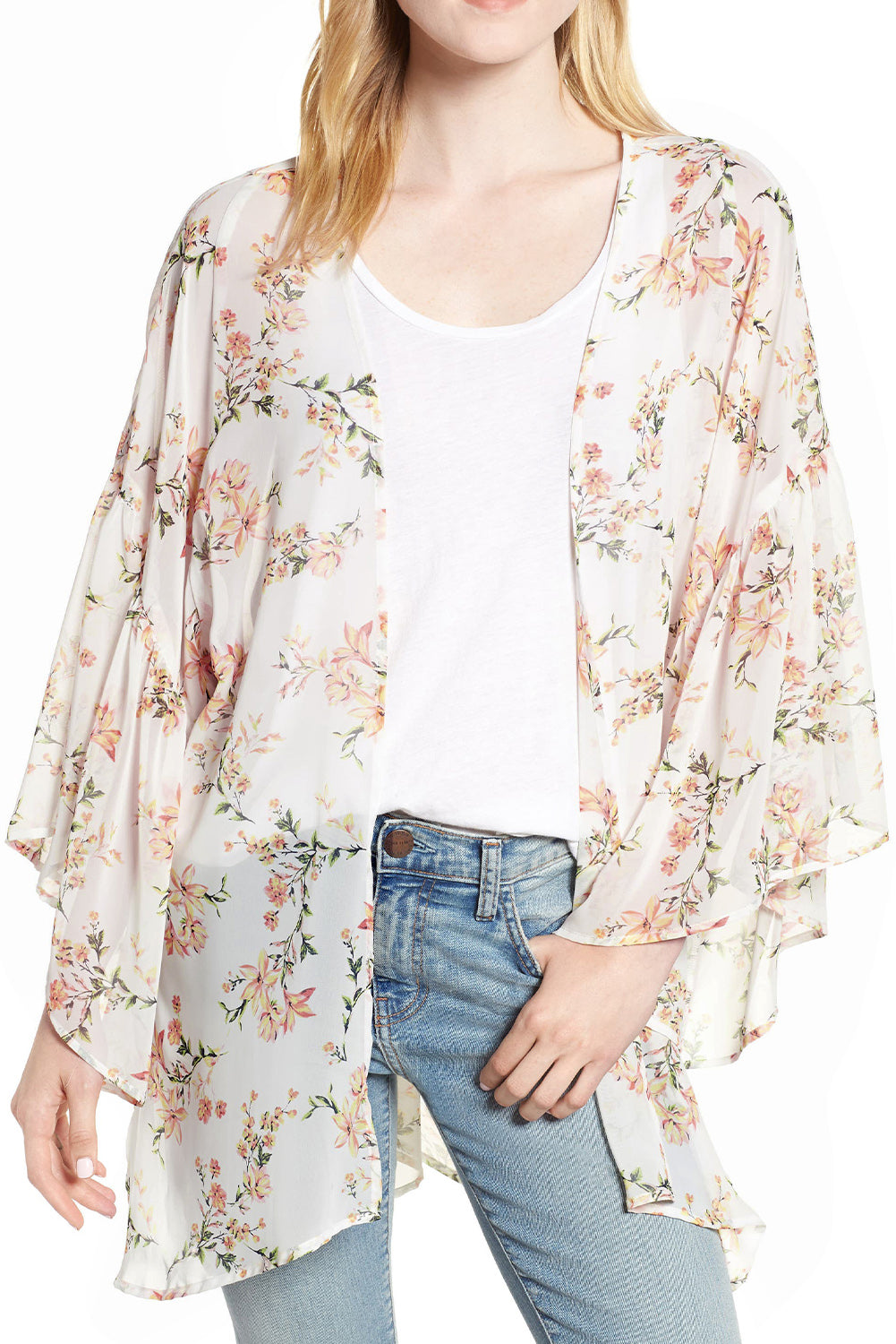 White Floral Print Ruffled Long Sleeves Kimono