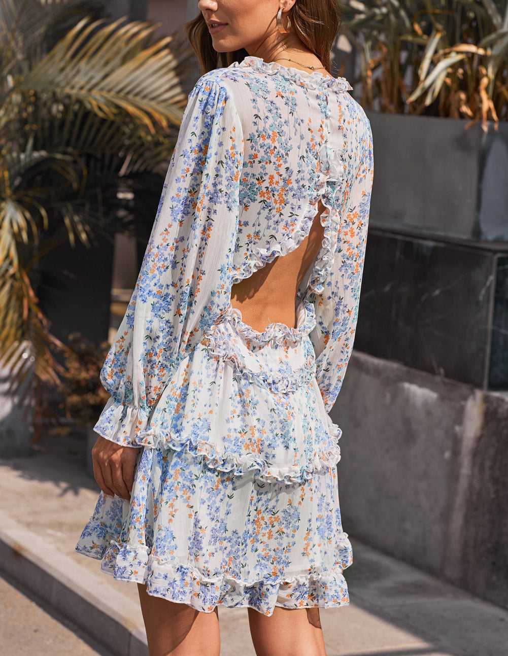 Ruffle Detailing Open Back Floral Dress