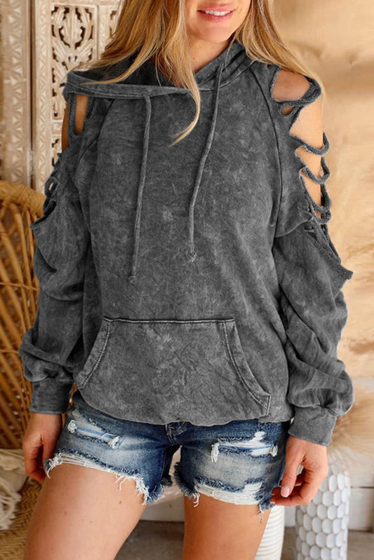 Cut Out Retro Kangaroo Pocketed Pullover Hoodie