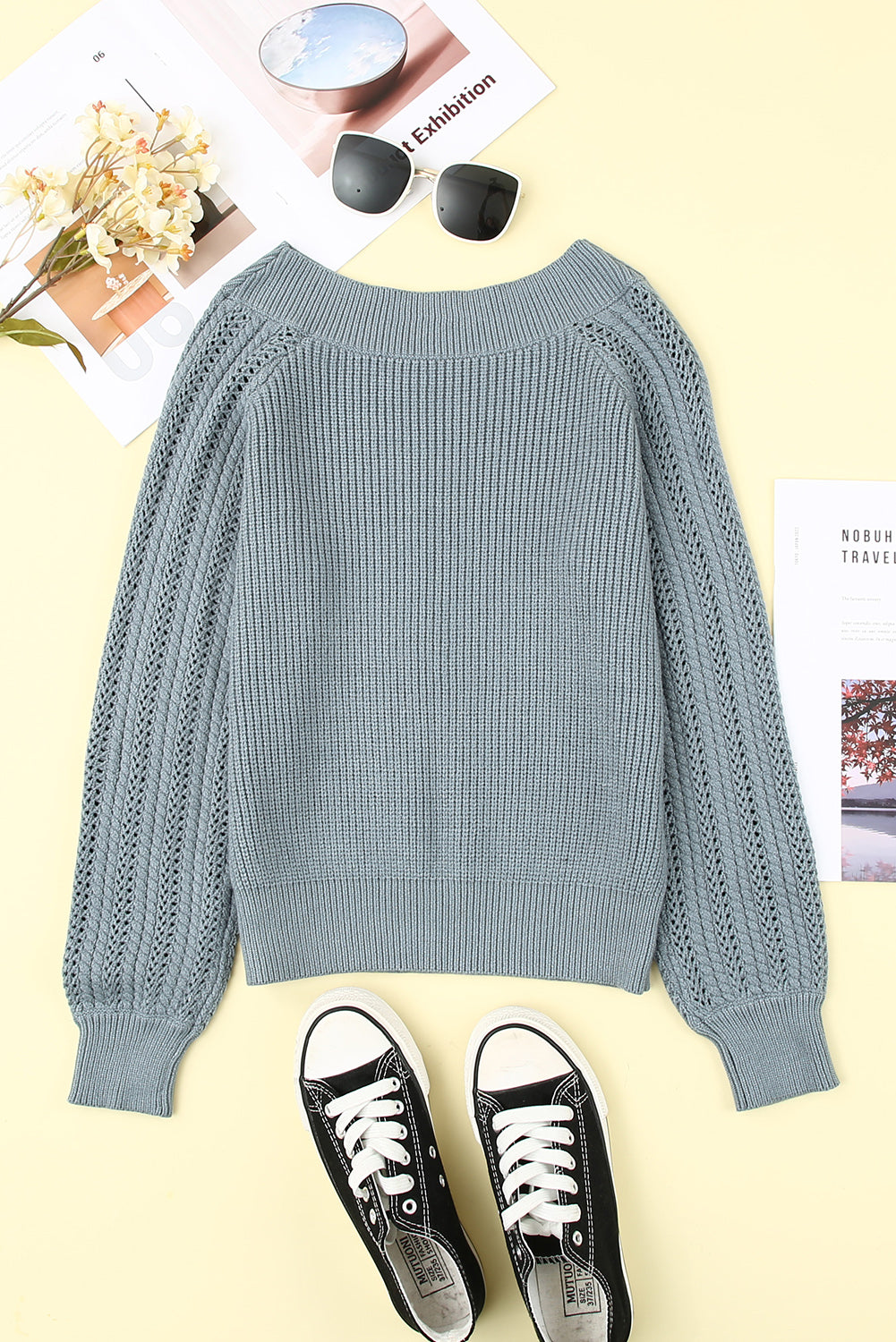 Plain Hollow-out Knit Long Sleeve Pullover Sweater