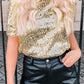 Gold Keyhole Back Sequin Puff Sleeve T Shirt