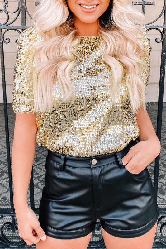 Gold Keyhole Back Sequin Puff Sleeve T Shirt