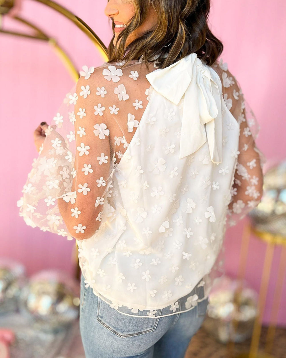 White Mock Neck Floral Mesh Long Sleeve Top