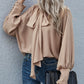 Khaki Frilled Knotted Mock Neck Bishop Sleeve Blouse