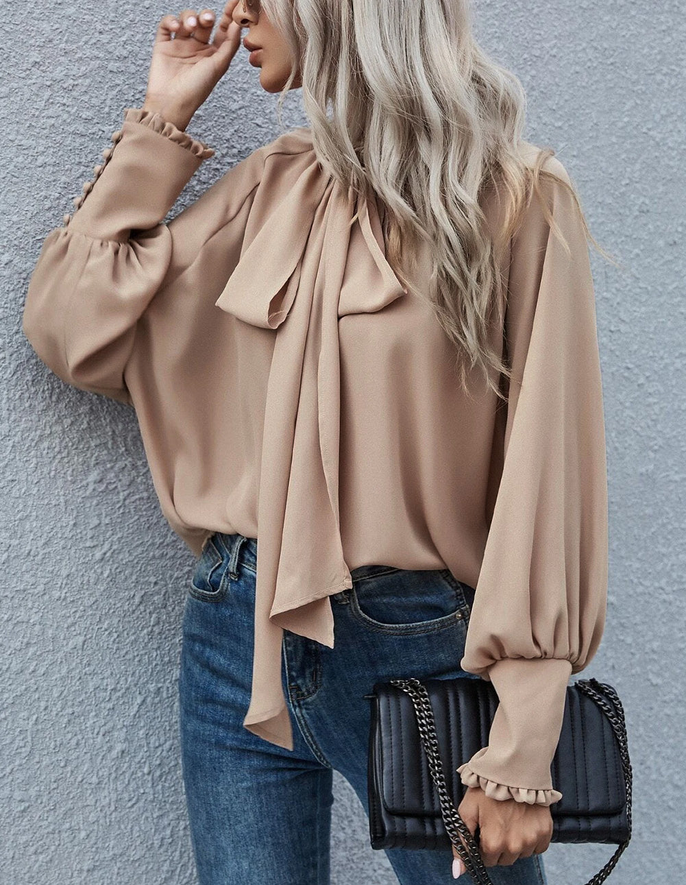 Khaki Frilled Knotted Mock Neck Bishop Sleeve Blouse