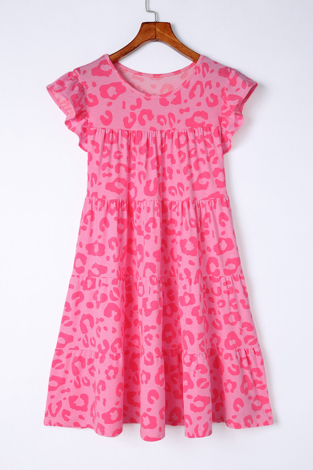 Leopard Round Neck Ruffle Tiered Mini Dress