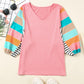 Pink Stripe Color Block Bubble Sleeve Top