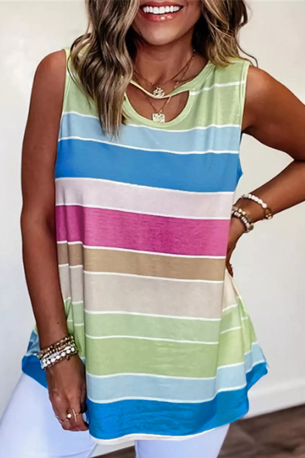 Multicolor Striped Colorblock Cut-out Tank Top