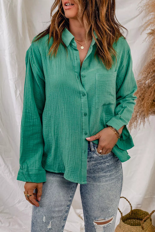 Green Textured Buttons Long Sleeve Shirt with Pocket