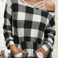 Plaid Kangaroo Pocket Long Sleeve Blouse