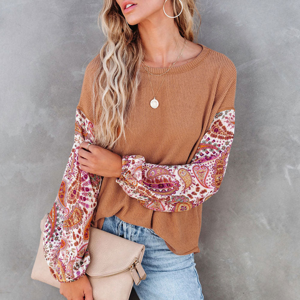 Paisley Contrast Bubble Sleeve Ribbed Top