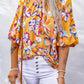 Yellow Floral Print Elastic Neckline Blouse