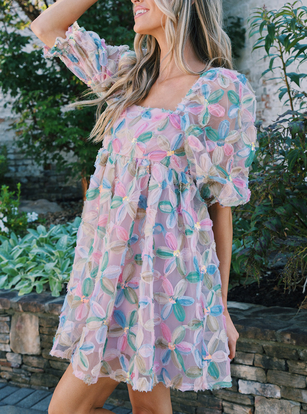 Multicolor Babydoll Sequin Floral Dress