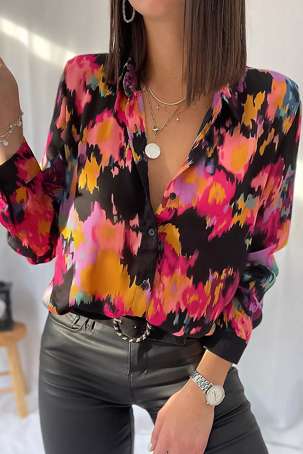 Black Tie-dye Abstract Print Long Sleeve Shirt
