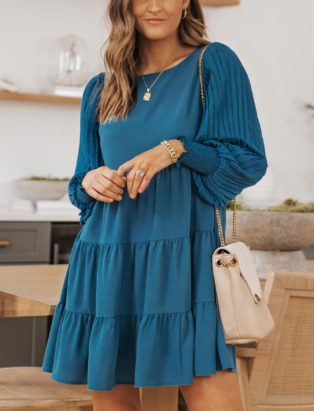 Pleated Bubble Sleeves Tiered Ruffle Mini Dress