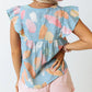 Sky Blue Splotches Pattern Ruffled Cap Sleeve Shift Top