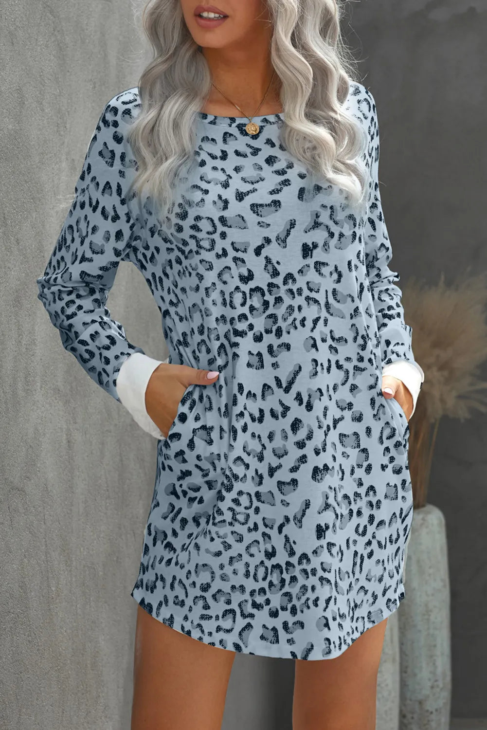 Crew Neck Long Sleeve Leopard Print Mini Dress