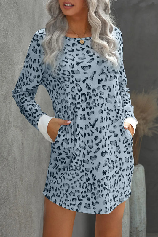 Crew Neck Long Sleeve Leopard Print Mini Dress