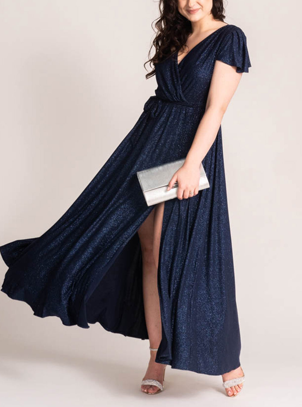Blue Flutter Sleeve Wrap V Neck Plus Size Belted Dress