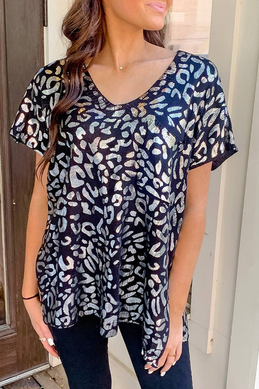 V Neck Gold Leopard Short Sleeves Top