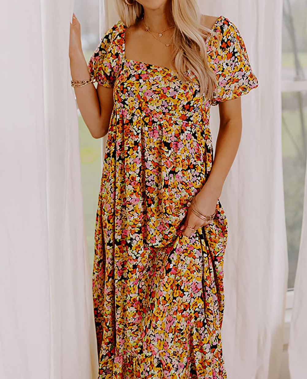 Puff Sleeve Square Neck Open Back Floral Midi Dress