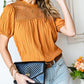 Orange Textured Crochet Keyhole Puff Sleeve Blouse