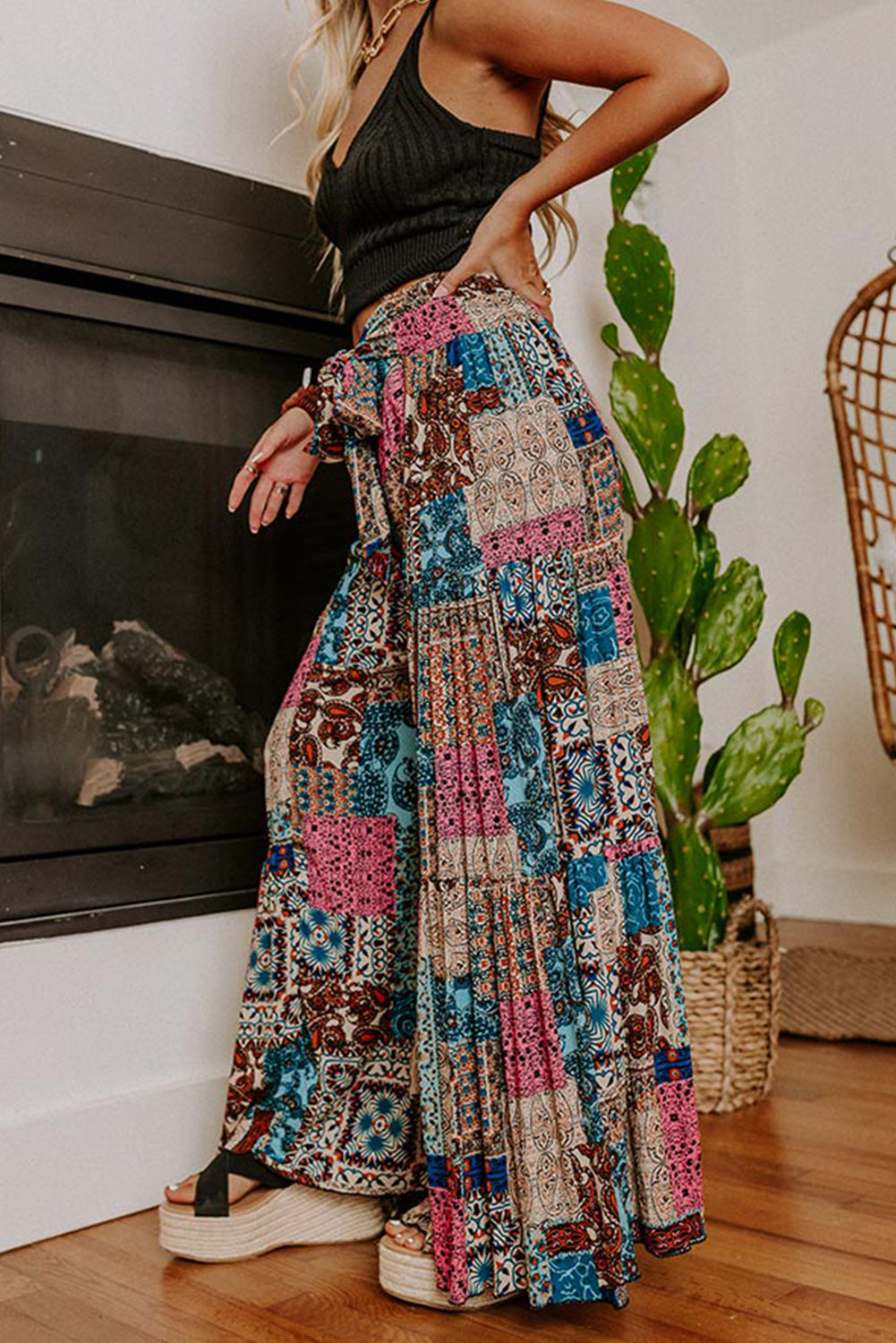 Multicolor Boho Paisley Mixed Print High Waist Pants