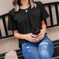 Black Solid Pleated Keyhole Short Sleeve T Shirt