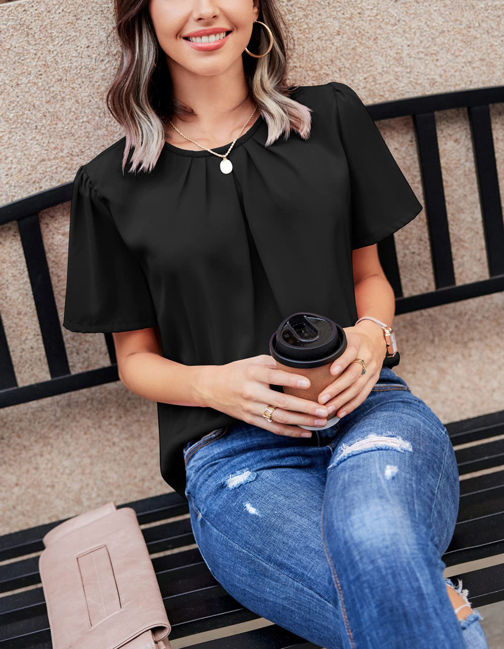 Black Solid Pleated Keyhole Short Sleeve T Shirt